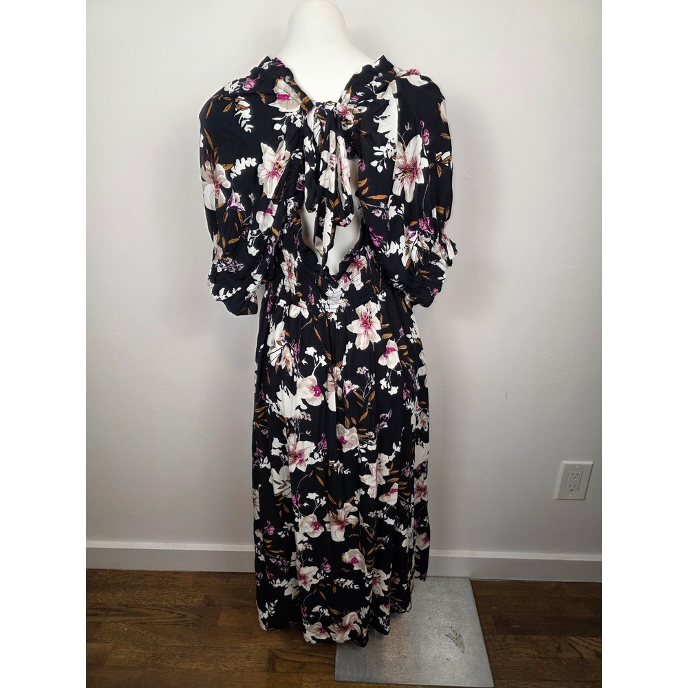 By Anthropologie Puff Sleeve Smocked Square Neck Floral Maxi Dress Tie Back M - Picture 2 of 9